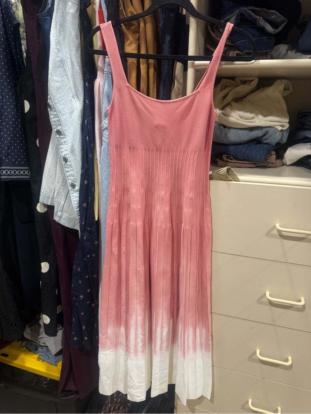 STAUD Pink to White Ombre Sleeveless Pleated Midi Dress